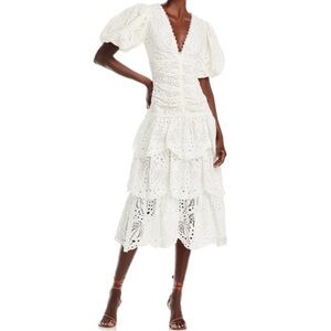 Farm Rio White Eyelet Puff Sleeve Midi Dress